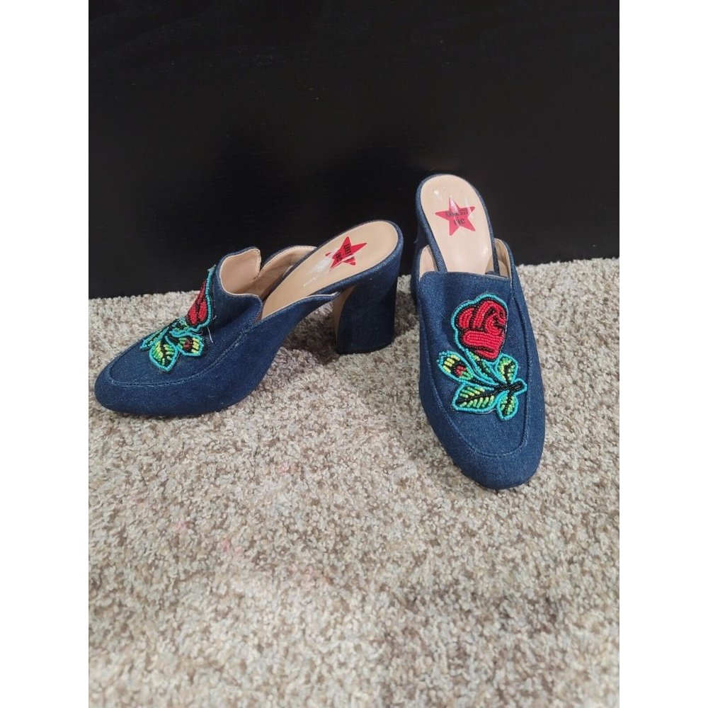Anna Sui x INC Floral Beaded Denim Block Heel Mules 9M blue boho western
